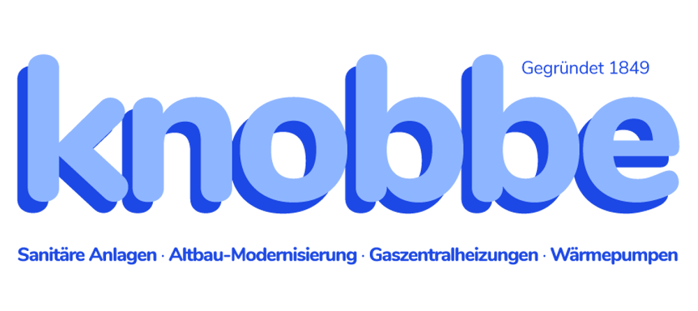 Logo "knobbe" in Blau mit "Gegründet 1849", "Sanitäre Anlagen", "Altbau-Modernisierung", "Gasszentralheizungen", "Wärmepumpen".